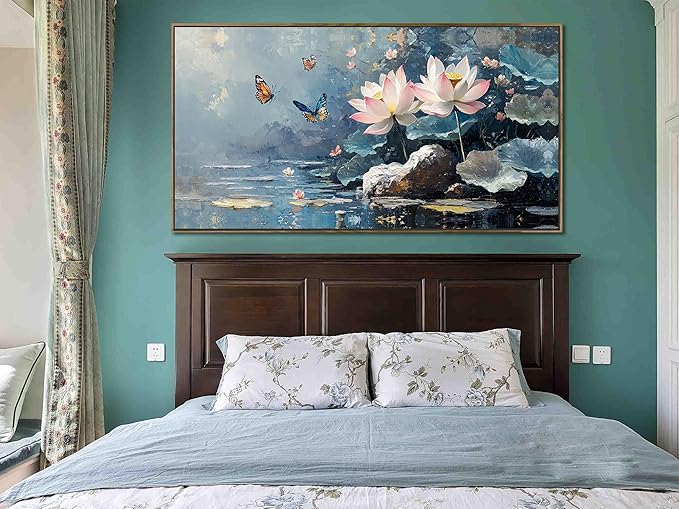 Ardemy Framed Canvas Wall Art Lotus Flower Painting for Living Room Blue Landscape Zen Butterfly Nature Artwork Bedroom Kitchen Bathroom Dining Room Home Office Spa Wall Decor, Large 40"x20"