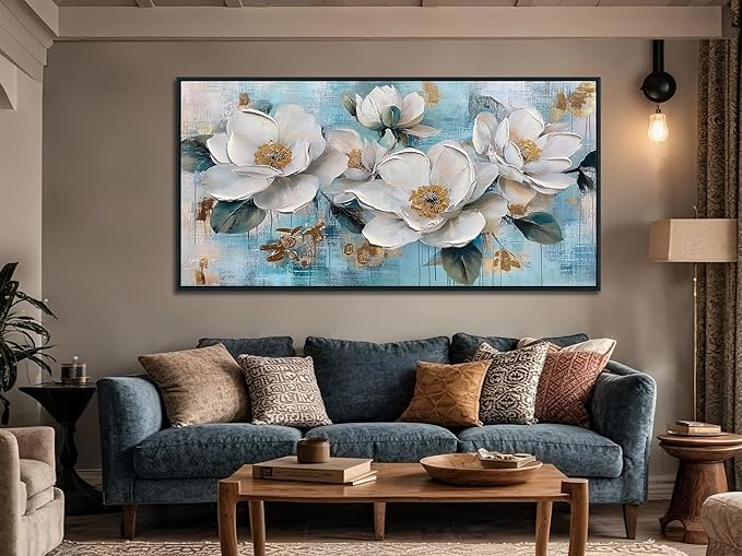 Ardemy Flower Large Wall Art for Living Room，White Gold Floral Canvas Framed Wall Art Painting Artwork Bedroom Picture Wall Decor Home Office 58"x29"
