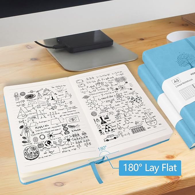 Journals for Writing, A5 Leather Ruled Notebook with 400 Pages, 100 Gms College Ruled Journal with Thick Paper, Hardcover with Inner Pocket & Pen Holder, Sky Blue