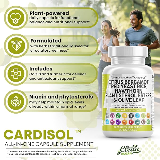 Clean Nutraceuticals Citrus Bergamot Red Yeast Rice Capsules with Plant Sterols - with Hawthorn Extract Olive Leaf Niacin Vitamin K3 D3 COQ10 Guggul & More