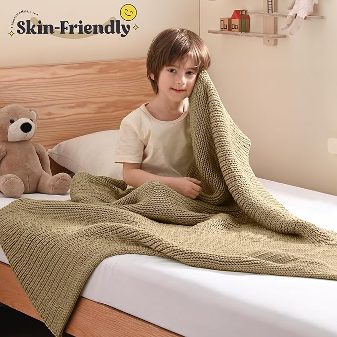 Guohaoi Knitted Weighted Blanket Kids (Beige 36"x48" 3lbs) No Beads Cooling Heavy Blanket, Home Decor Breathable Chunky Knit Throw Blanket for All-Season Use