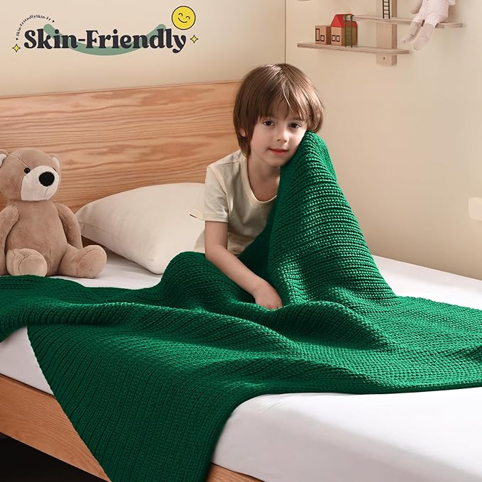 Guohaoi Knitted Weighted Blanket Kids (Green 50"x60" 10lbs) No Beads Cooling Heavy Blanket, Home Decor Breathable Chunky Knit Throw Blanket for All-Season Use