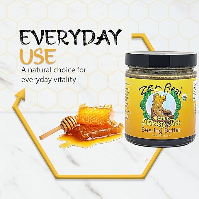 Zen Bear Organic Bee-ing Better Honey Tea - Echinacea, Lemon Balm, Ginger & Cayenne Infused Raw Honey Tea - Daily Well-Being Elixir for Immune Support & Delightful Flavor | 8 oz Jar