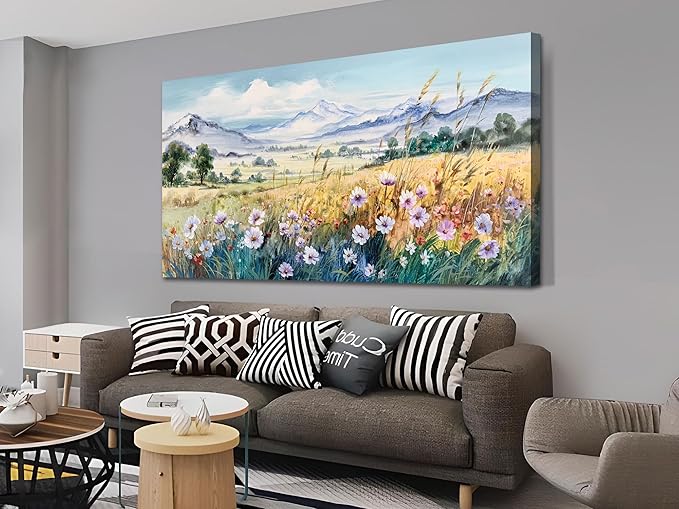Anolyfi Rustic Farmhouse Canvas Wall Art Large Abstract Wildflower Landscape Painting Florals Mountain Picture, Textured Artwork Framed for Living Room Bedroom Bathroom Office Home Decor 40"x20"