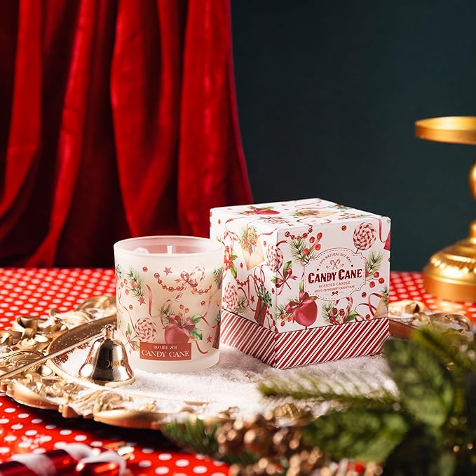 Christmas Scented Jar Candle - 6oz Soy Wax Candle - Candy Cane Infused with Peppermint Candy Cane Aroma - with Beautiful Keepsake Box Special for Holiday Gifts