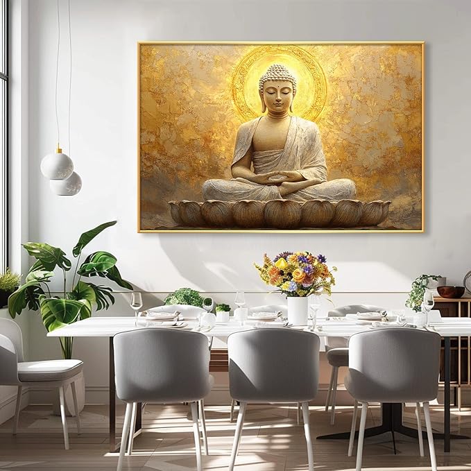 Golden Buddha Canvas Wall Art, Zen Buddha Canvas Print, Buddha Statue Wall Decor, Buddhism Canvas Art, Spiritual Wall Art, Meditation Buddha Wall Art, Gold Bedroom Decor, Home Decor (Black Framed, 24"x15" | 60x40cm)