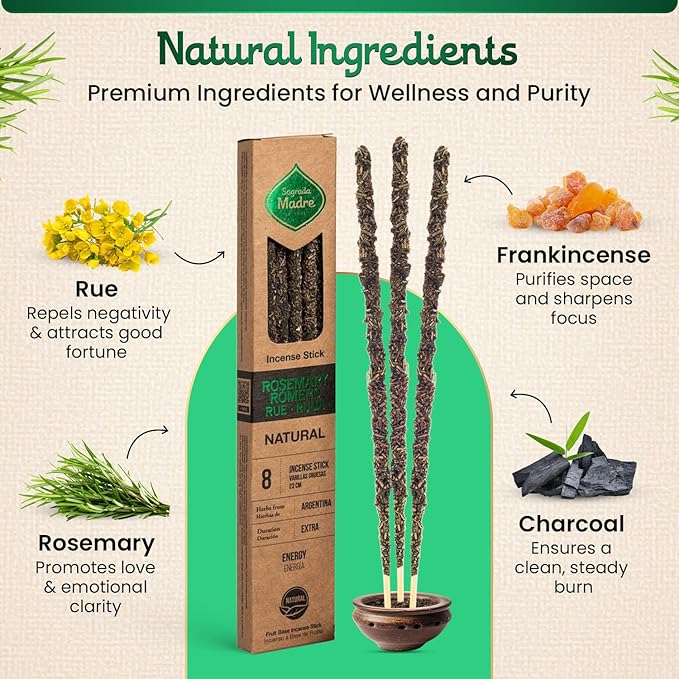 Handmade Rue, Rosemary Incense Sticks - 8 Frankincense Incenses (Each 9’’ Long) with Natural Ingredients for Spiritual Cleansing, Protection, & Balance - 1 Hour Burn Time