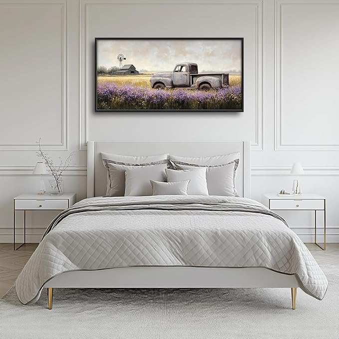 Rustic Truck Wall Art Farmhouse Lavender Barn Pictures Wall Decor Country Large Master Over Above Bed Canvas Prints Horizontal Modern Artwork Painting Home Office Decorations For Bedroom 30"x60"