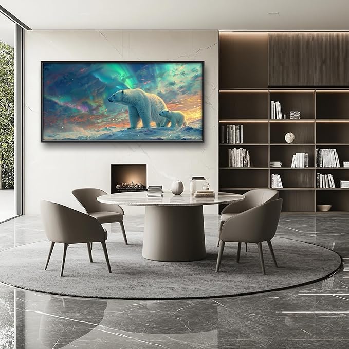 Large Polar Bear Framed Wall Art for Living Room White Polar Bear Pictures Wall Decor Aurora Canvas Print Painting Artwork Modern Home Decorations for Bedroom Office 60x30 inch