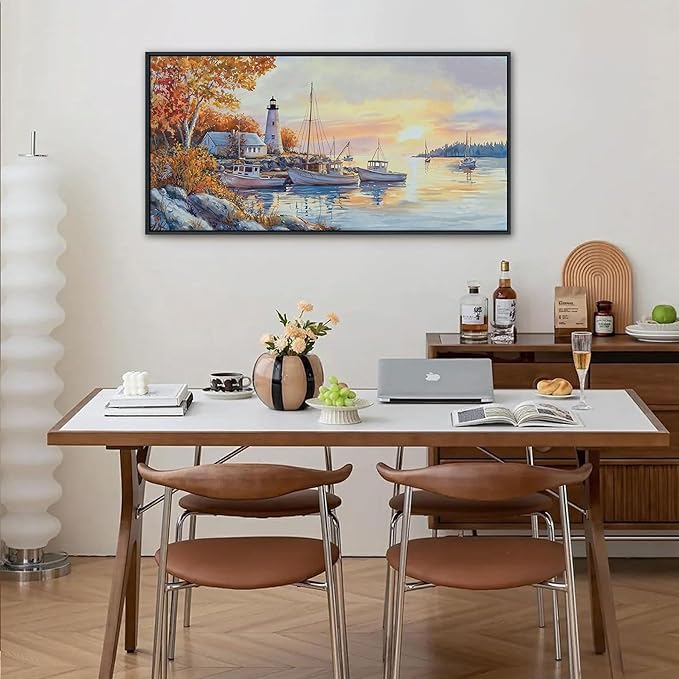 QZQCBLC Sunset Landscape Wall Art, Sea Harbor Lighthouse Ink Paintings Framed Artwork Homeward-bound Boat Soft Tone Wall Pictures for Living room Bedroom Bathroom Home Office Decor 20x40 IN