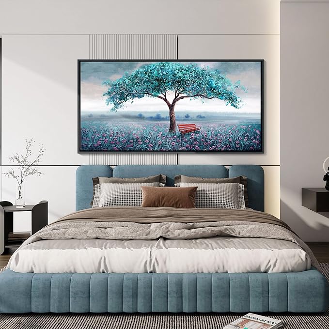 KLAKLA Extra Large Tree Wall Art - Teal Blue Nature Tree of Life Abstract Canvas Painting for Living Room Modern Large Panoramic Landscape Framed Artwork for Bedroom Office Home Decor
