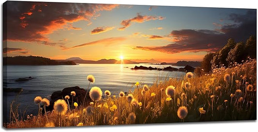 Dandelion Painting Wall Art Dandelion Landscape Pictures Wall Decor Flower Sunset Large Canvas Prints Modern Framed Artwork Home Decorations Above Bed for Living Room Dining Room Bedroom 60"x30"