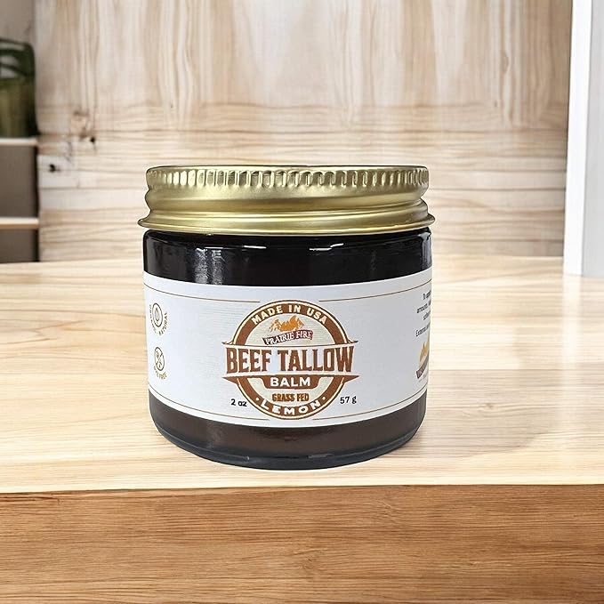 Beef Tallow Balm - 2 oz - Grown and Made in USA - Organic Grass Fed and Finished Tallow - Moisturizing Skin Care Lemon