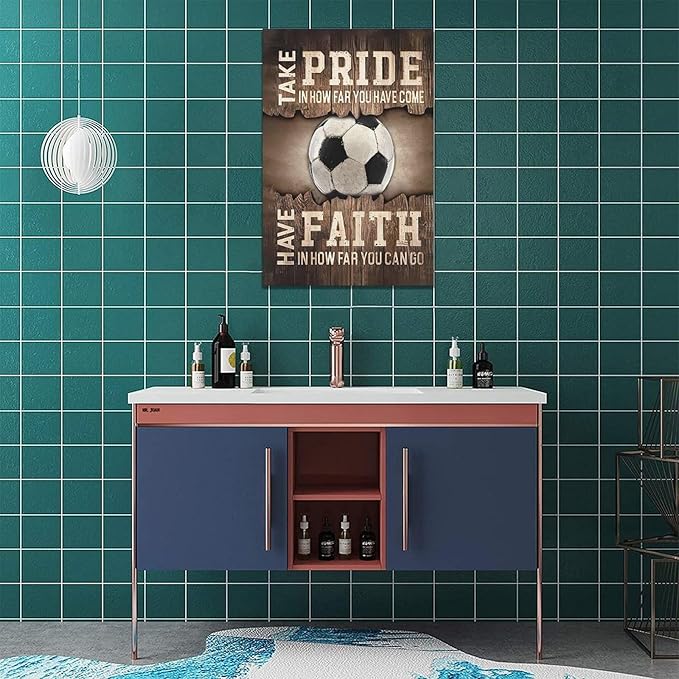 Fleruku Rustic Soccer Wall Art Sports Wall Decor Inspirational Quotes Brown Pictures Soccer Sign Canvas Painting Artwork Home Decorations for Boy Man Teenager Fans Bedroom Living Room 16"x24"