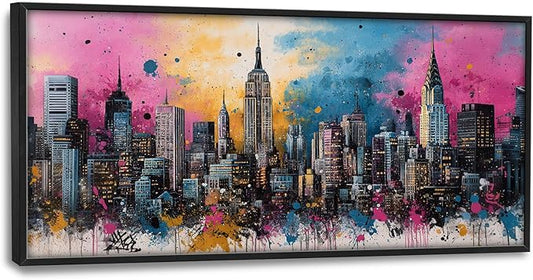 Glocmna Large Wall Art for Living Room Banksy Street Graffiti New York City Wall Decor Modern Skyline Cityscape Pictures Painting Big Canvas Print Framed Artwork Decorations Home Office Bedroom 30"x60"