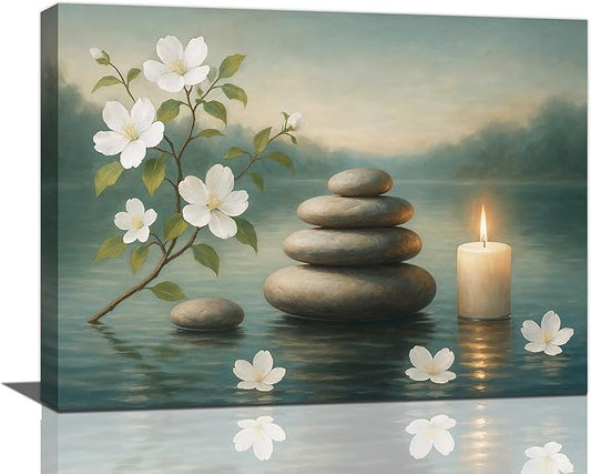 Zen Wall Art Zen Bathroom Wall Decor Spa Room Meditation Peaceful Pictures Decoration Spiritual Stone Canvas Painting Artwork Framed for Bathroom Living Room Bedroom Office 12"x16"