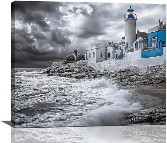Olivine Beach Wall Art, Coastal Lighthouse Pictures Wall Decor, Black And White Painting, Nautical Canvas Prints, Framed Artwork for Bathroom Bedroom Living Room Office Home Decoration 24"x20"
