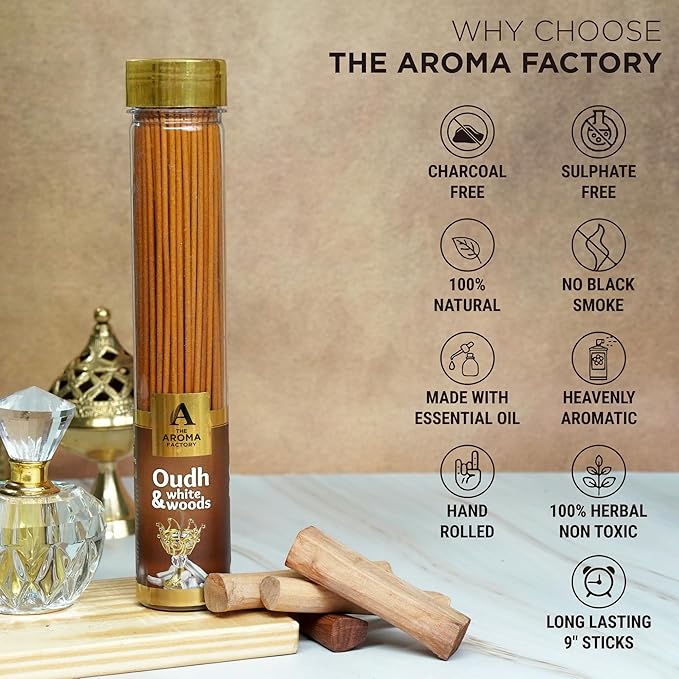 The Aroma Factory Organic Incense Sticks Oudh & White Woods (Herbal Oud Agarbatti for Pooja) 0% Charcoal, 0% Sulphates, 1 x 100g Bottle