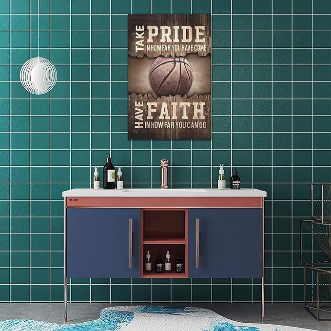 Fleruku Rustic Basketball Wall Art Sports Wall Decor Inspirational Quotes Brown Pictures Basketball Sign Canvas Painting Artwork Home Decorations For Boy Man Teenager Fans Bedroom Living Room 16"x24"