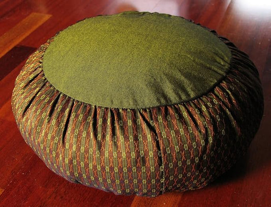 Meditation Cushion Zafu Pillow Buckwheat Fill - Global Weave and Ikat Fabric Copper Green