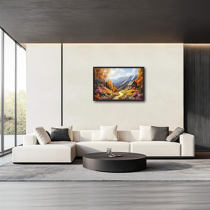 Framed Large Fall Mountain Wall Art for Living Room, Oversized Autumn Wildflower Wall Decor Nature Landscape Canvas Painting Modern Artwork for Living Room Bedroom 36"x24"