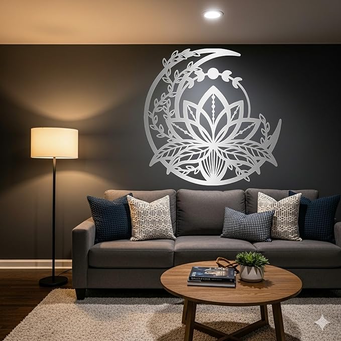 GOWPENART Moon and Lotus Metal Wall Art – Modern Boho Wall Decor, Large Mandala Style Metal Wall Hanging for Living Room, Bedroom, Meditation and Home Decoration (Silver)