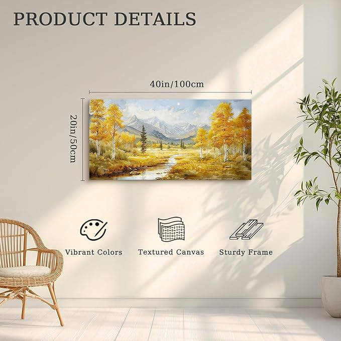 crmotu Autumn Landscape Wall Art, Birch Tree Forest Large Artwork, Mountain River Scenic Canvas Painting, Rustic Aesthetic Pictures Wall Decor Living Room Bedroom Bathroom Kitchen Art Prints 20x40inch