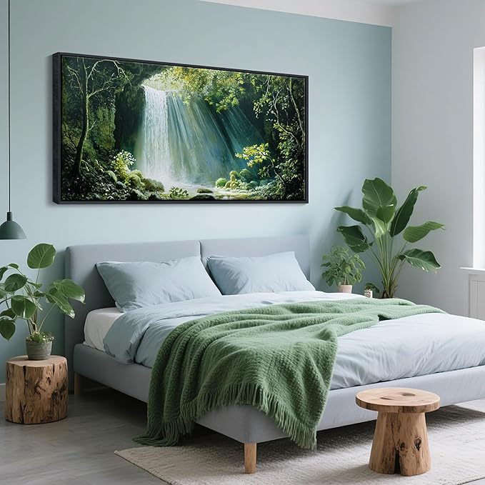 QZQCBLC Large Forest Wall Art, Green Tropical Rainforest Landscape Valley Waterfall Canvas Paintings River Scenery Pictures Artwork for Living room Bedroom kitchen Home Office Decor 29x58 IN