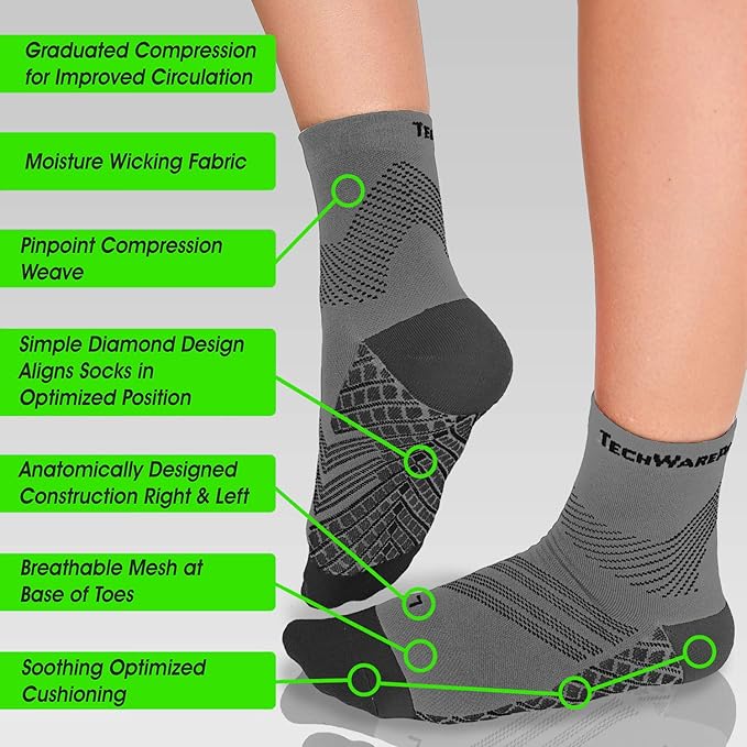 TechWare Pro Plantar Fasciitis Socks – Cushion Ankle Compression Socks Women & Men. Achilles Tendonitis Brace & Arch Support