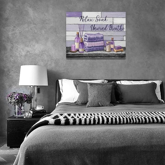 Farmhouse Bathroom Wall Art Relax Soak Unwind Breathe Wall Decor Rustic Bathroom Pictures Canvas Painting Framed Artwork Purple Country Home Decorations for Toilet Lavatory 16"x12"