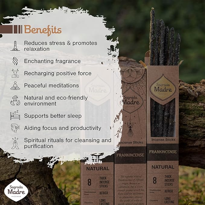 8 pcs Wildly Harvested Thick - Natural Frankincense Incense Sticks, 9” - Eco Friendly, Aromatic Non Toxic Incense Sticks (1hr Burning Time) to Heal & Purify Your Body and Surroundings