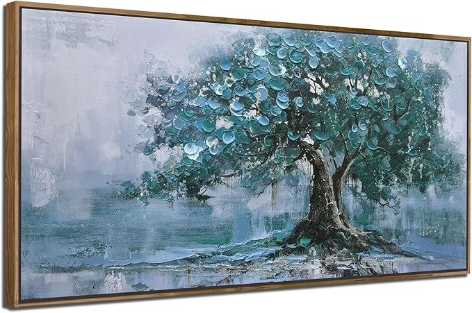 Ardemy Tree Canvas Wall Art for Living Room Teal Tree of Life Landscape Bedroom Picture Modern Nature Painting Blue Artwork Home Office Wall Decor, Extra Large Wood Framed 58"x29"