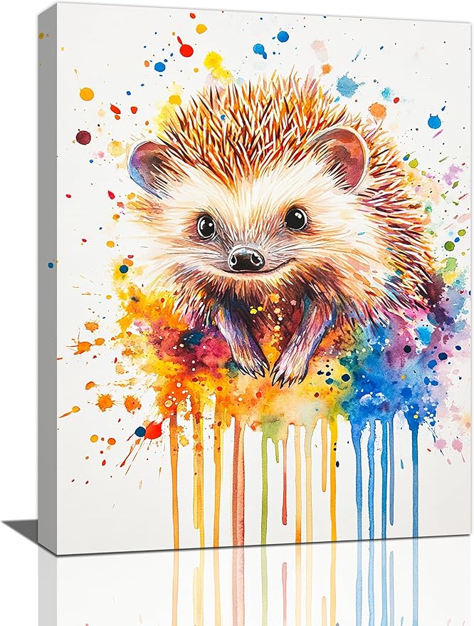 Fleruku Watercolor Hedgehog Wall Art Colorful Hedgehog Wall Decor Cute Animal Pictures Canvas Painting Artwork Home Decorations for Living Room Bedroom Bathroom Office Nursery Classroom 12"x16"