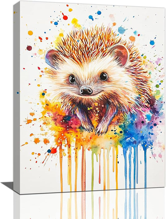 Fleruku Watercolor Hedgehog Wall Art Colorful Hedgehog Wall Decor Cute Animal Pictures Canvas Painting Artwork Home Decorations for Living Room Bedroom Bathroom Office Nursery Classroom 12"x16"