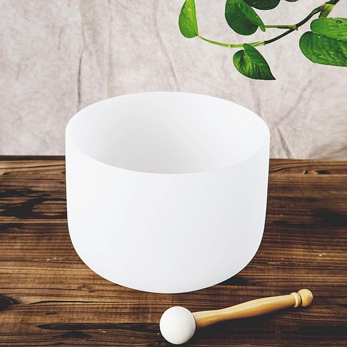 Leize Quartz Crystal Singing Bowl F Note 432 hz Heart Chakra White 9" with Suede Striker