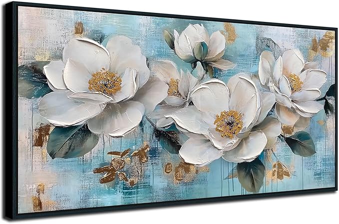 Ardemy Flower Wall Art for Living Room，White Gold Floral Canvas Framed Wall Art Painting Artwork Bedroom Picture Wall Decor Home Office 40"x20"