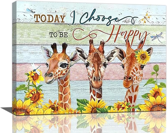 Giraffe Bathroom Decor Wall Art Sunflower Wall Decor Giraffe Canvas I Choose Happy Prints Painting Framed Artwork for Bathroom living room Bedroom 20"x16"