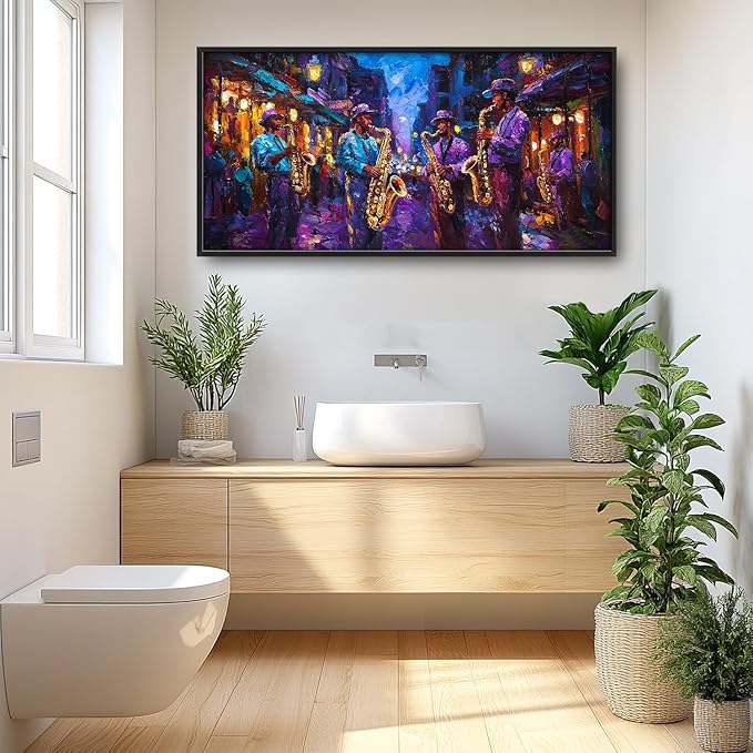 SweetFox Extra Large Banksy Jazz Music Framed Wall Art for Living Room, Jazz Band Banksy Pictures Oversized Wall Decor Abstract Canvas Painting Print Artworks for Bathroom Master Bedroom 60L X 30W