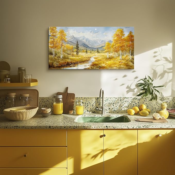 crmotu Autumn Landscape Wall Art, Birch Tree Forest Large Artwork, Mountain River Scenic Canvas Painting, Rustic Aesthetic Pictures Wall Decor Living Room Bedroom Bathroom Kitchen Art Prints 24x48inch