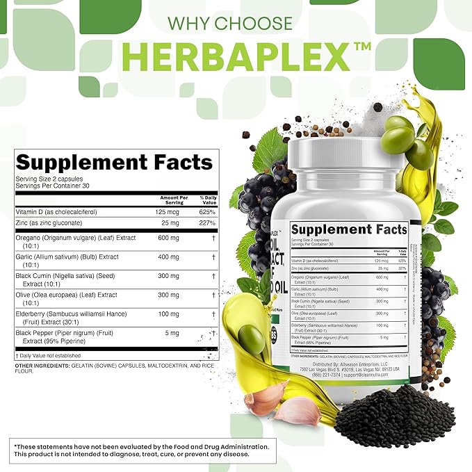 Clean Nutraceuticals Oregano Oil Garlic Extract Olive Leaf Black Seed Oil - Immune Support & Digestive Health Supplement for Women and Men with Vitamin D3 & Zinc - 2Pack