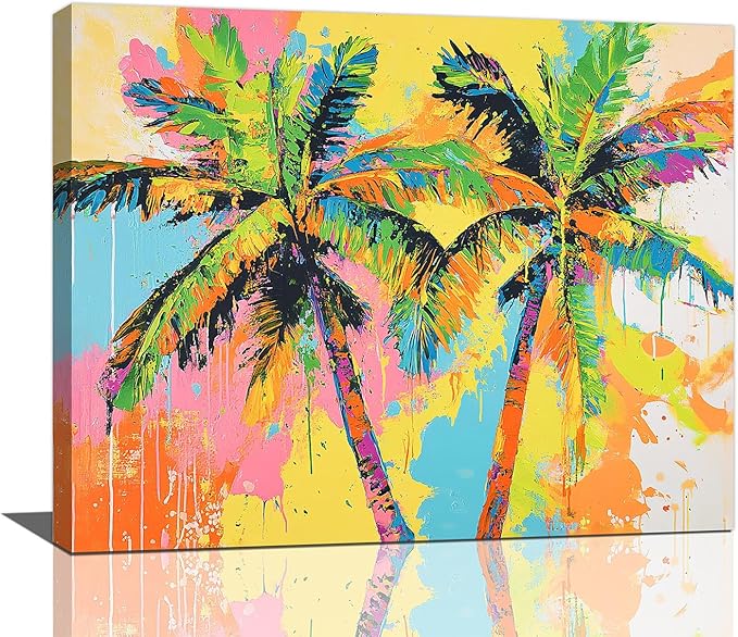 Olivine Tropical Wall Art, Palm Tree Pictures Wall Decor, Graffiti Painting, Colorful Summer Canvas Prints, Framed Artwork for Bathroom Living Room Bedroom Office Home Decoration 20"x16"