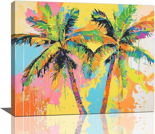 Olivine Tropical Wall Art, Palm Tree Pictures Wall Decor, Graffiti Painting, Colorful Summer Canvas Prints, Framed Artwork for Bathroom Living Room Bedroom Office Home Decoration 20"x16"