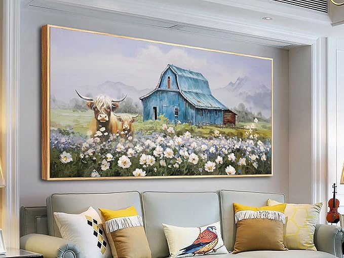 Anolyfi Blue Barn Picture Farmhouse Canvas Wall Art Highland Cow and White Flowers Landscape Textured Painting Scenery Artwork, Large Framed for Living Room Bedroom Bathroom Office Home Decor 40"x20"