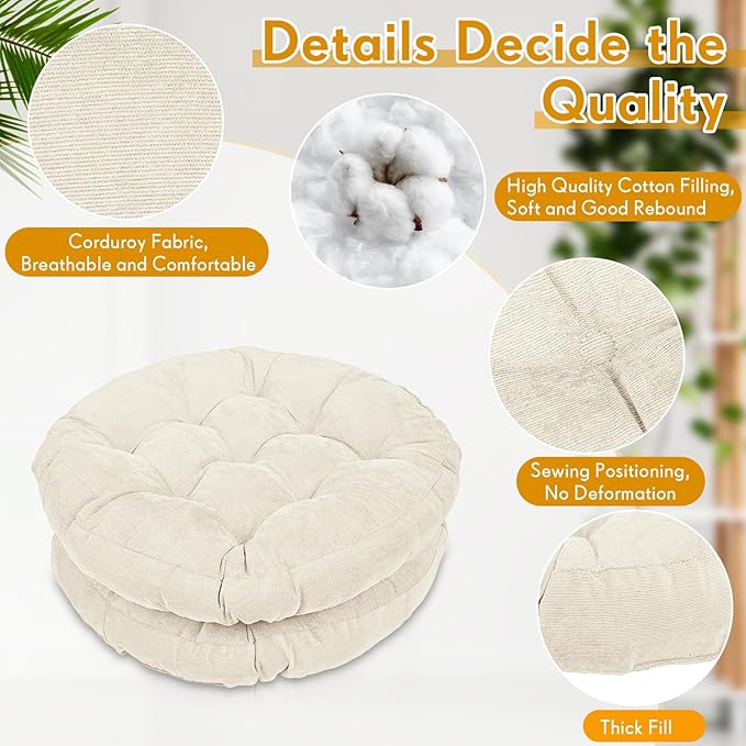 Jerify 4 Pcs Floor Pillow Cushions 22 x 22 Inch Round Square Large Meditation Floor Pillow for Classroom Adult Meditation Picnic Party Cushion for Seating Gift Christmas(Beige,Round)