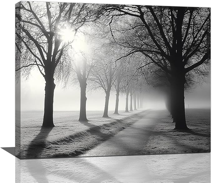 Olivine Tree Wall Art, Black And White Pictures Wall Decor, Mist Forest Painting Nature Lanscape Canvas Prints, Framed Artwork for Bathroom Bedroom Living Room Kitchen Office Home Decoration 20"x16"