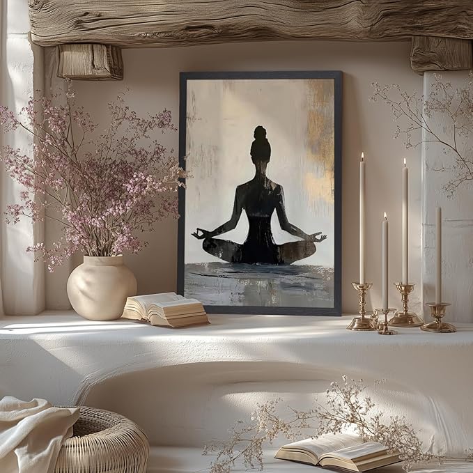 GELDSTEI Wood Framed Zen Wall Art, Modern Yoga Girl Canvas Painting, Tranquil Meditation Wall Decor, Spiritual Aesthetic Picture, Calming Mindfulness Poster Prints for Living Room Spa Yoga 16"x24"