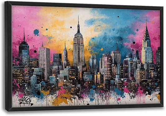 Glocmna Large Wall Art for Living Room Banksy Street Graffiti New York City Wall Decor Modern Skyline Cityscape Pictures Painting Big Canvas Print Framed Artwork Decorations Home Office Bedroom 24"x36"
