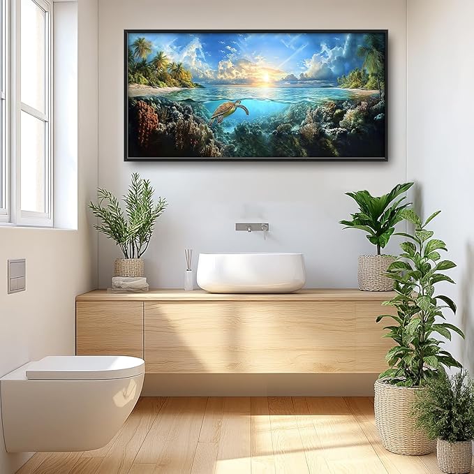 SweetFox Extra Large Ocean Turtle Framed Wall Art for Living Room, Coastal Beach Sea Turtle Pictures Oversized Wall Decor Abstract Big Canvas Painting Print Artworks for Bathroom Bedroom 60L X 30W