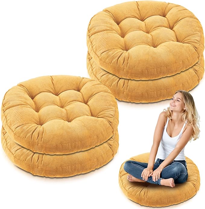 Jerify 4 Pcs Floor Pillow Cushions 22 x 22 Inch Round Square Large Meditation Floor Pillow for Classroom Adult Meditation Picnic Party Cushion for Seating Gift Christmas(Yellow,Round)