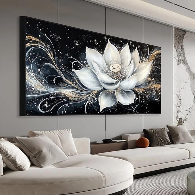 Glethua White Lotus Flower Canvas Wall Decor, Lotus Flower Picture Print, Modern Zen Wall Art, Modern Vintage Floral Painting Artwork for Yoga Spa Meditation Spiritual Living Room Bedroom Home Decor (Black Framed, 55 x 27 in | 140 x 70cm)